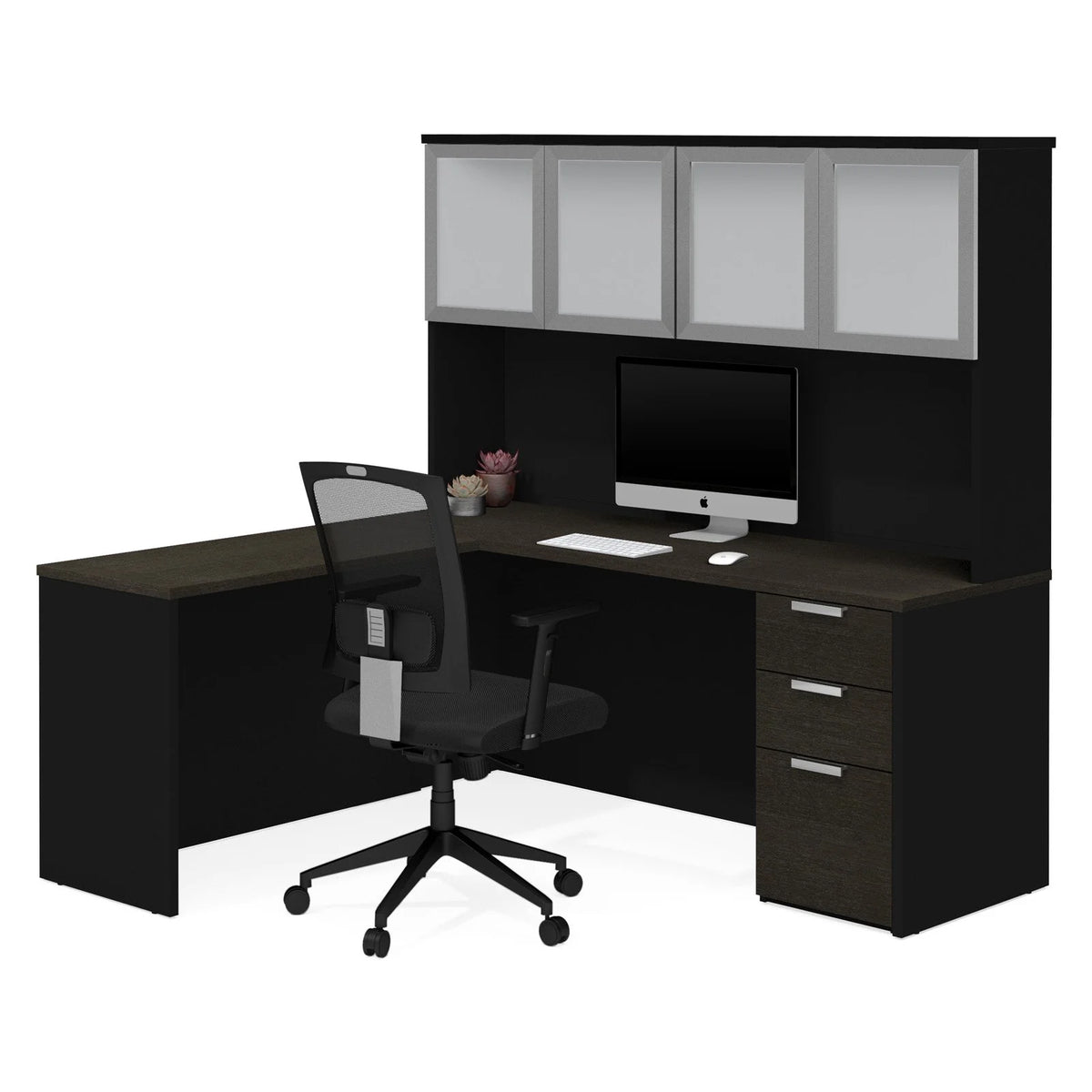 L Desk with 4 Door Hutch N477