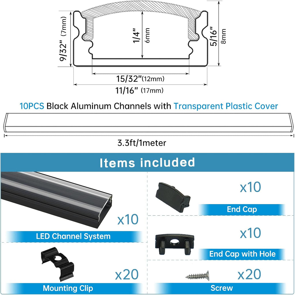 10Pack 3.3FT Black LED Channel System with Clear Cover Lens Aluminum Extrusion Track Housing Profile U Shape P7470