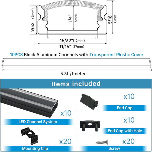 10Pack 3.3FT Black LED Channel System with Clear Cover Lens Aluminum Extrusion Track Housing Profile U Shape P7470