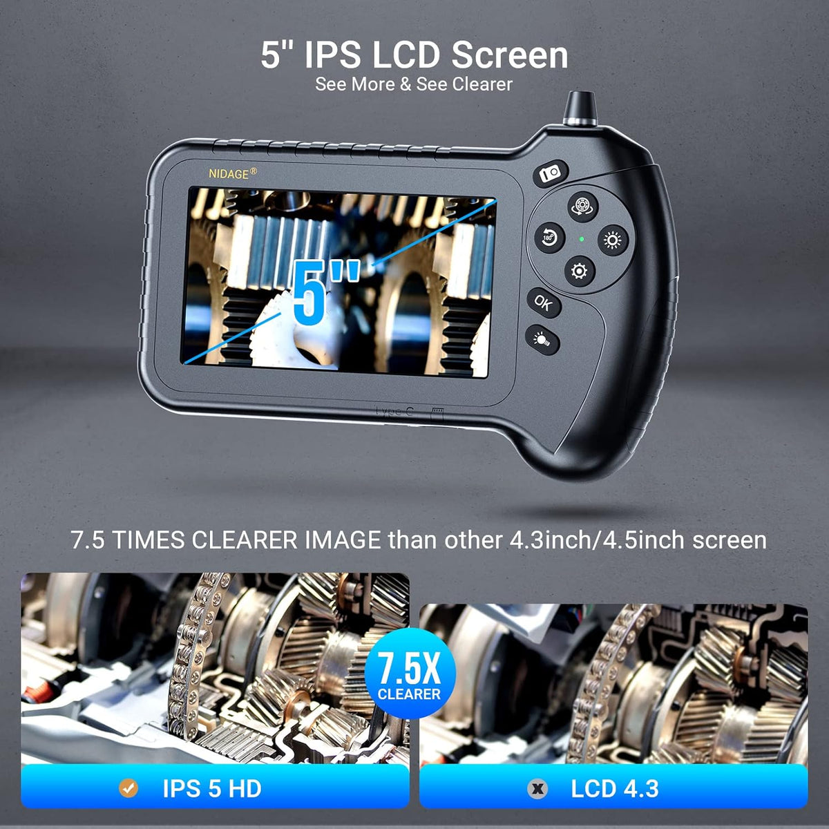 5'' IPS Screen 1080P Industrial Snake Camera with 11.5FT Waterproof Flexible Cable 8 LEDs 32GB Card N148