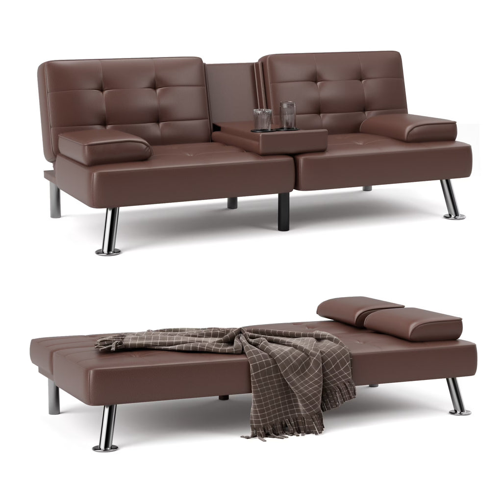 Futon Sofa Bed Faux Leather Convertible Folding Recliner with 2 Cup Holders C32345