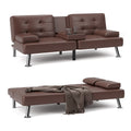 Futon Sofa Bed Faux Leather Convertible Folding Recliner with 2 Cup Holders C32345