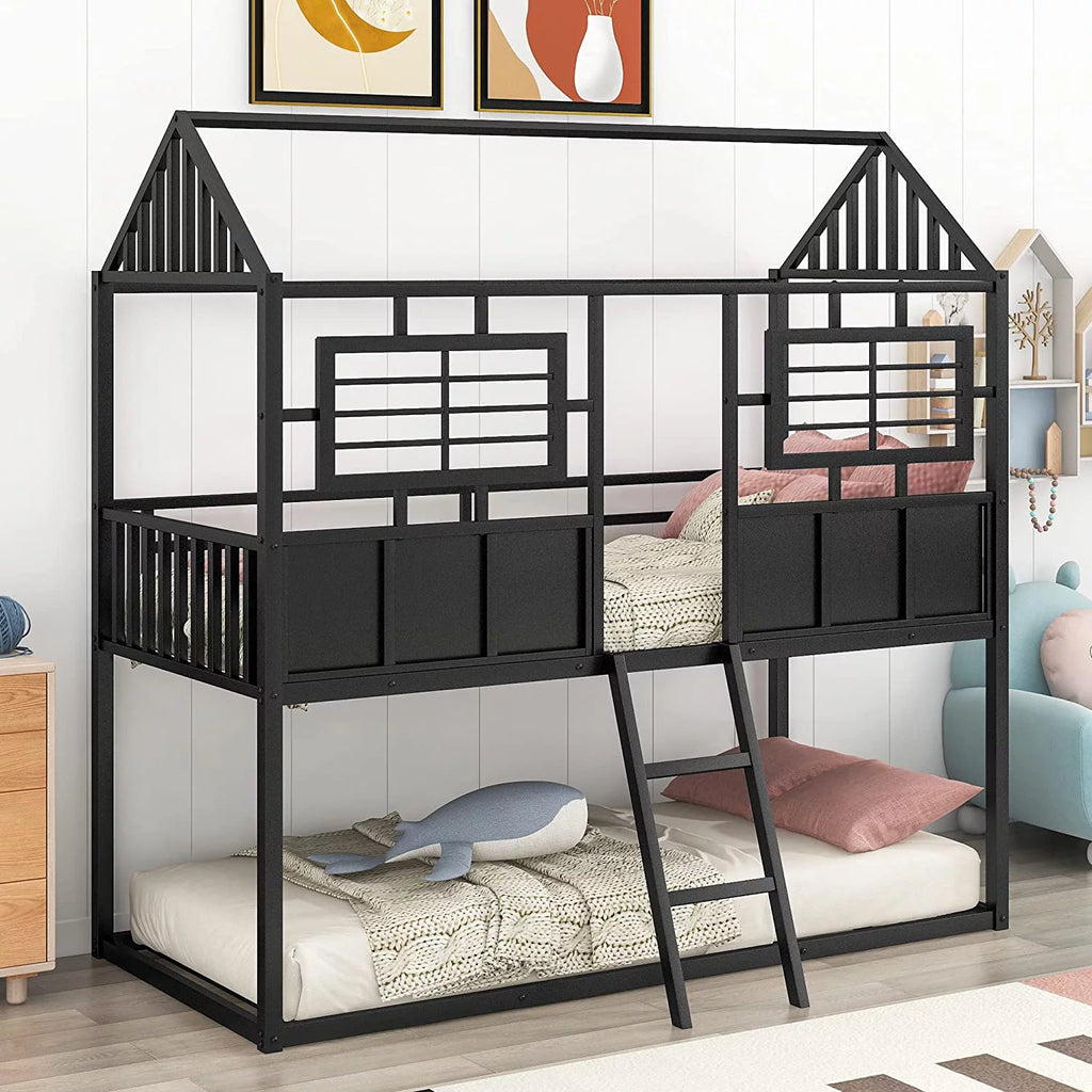 Black Metal Bunk Bed with Slide and Storage Stairs V18706