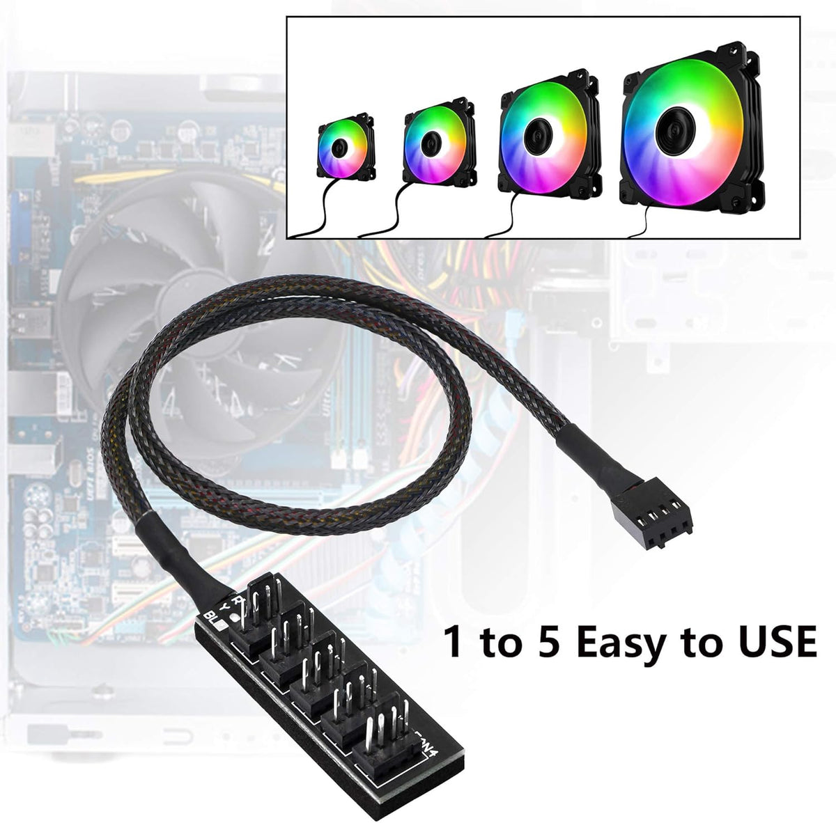 4 Pin PWM Fan Hub Splitter Power Supply Cable 1 to 5 Way PC CPU Cooling Case Fan Power Extension Cable for ATX Computer Case 4-Pin & 3-Pin Cooling Fans 14.8inch 2-Pack J98760