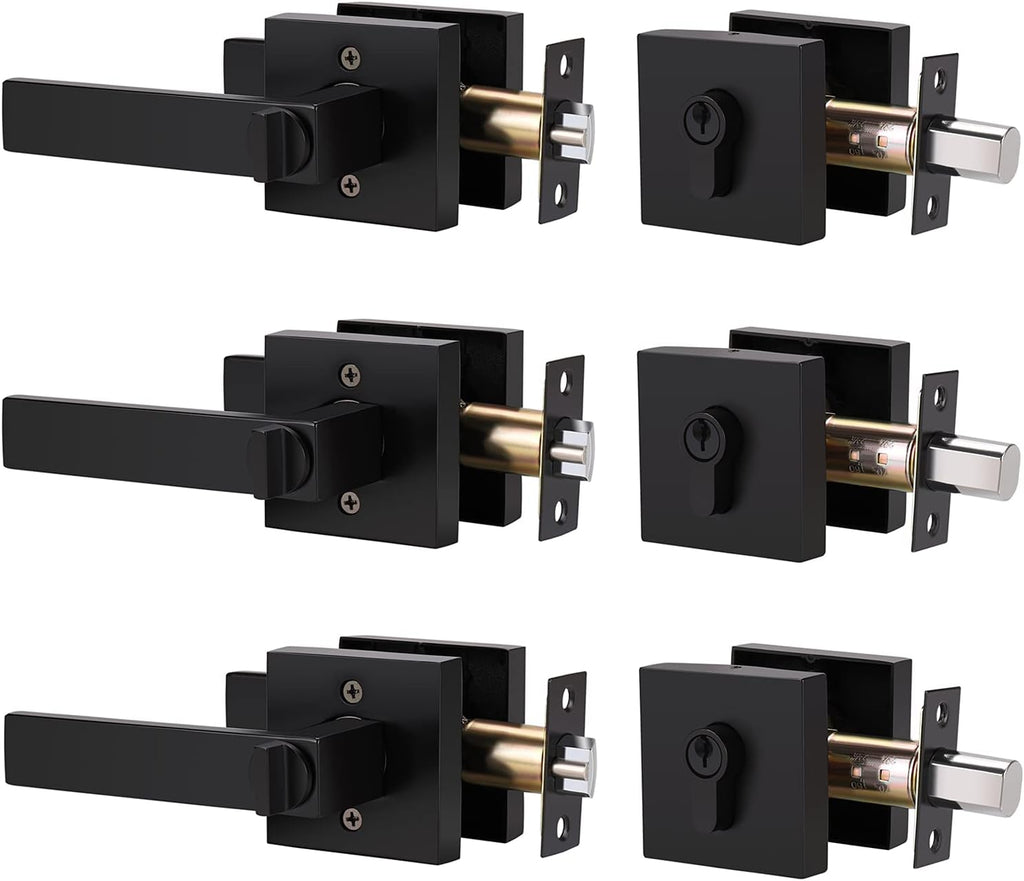 2 Pack Entry Lever Door Handle and Single Cylinder Deadbolt Lock Set, Matte Black M889