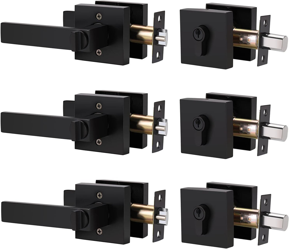2 Pack Entry Lever Door Handle and Single Cylinder Deadbolt Lock Set, Matte Black M889