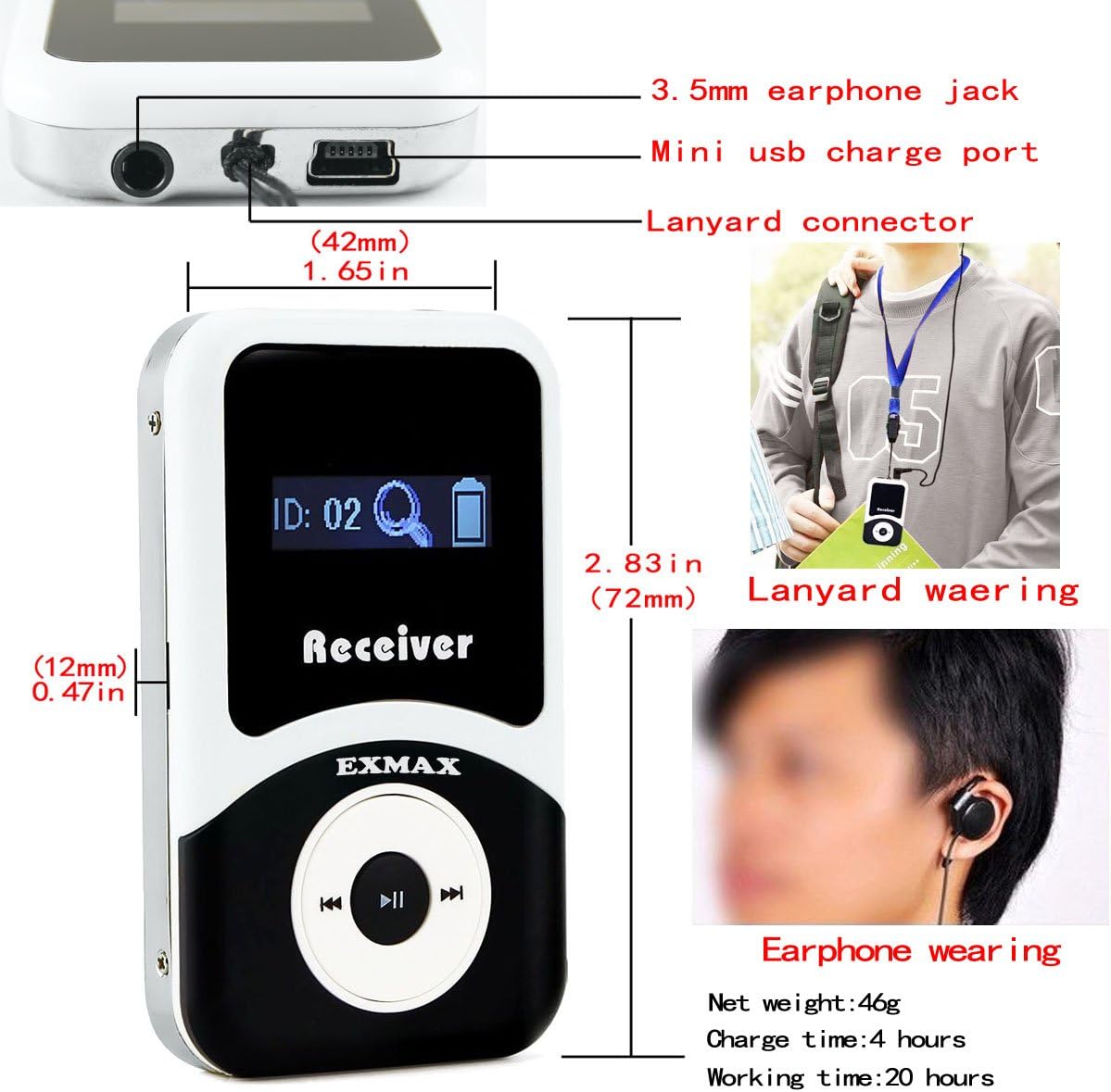 Wireless Tour Guide System with Lavalier Microphone (1 Transmitter 3 Receivers) P791268