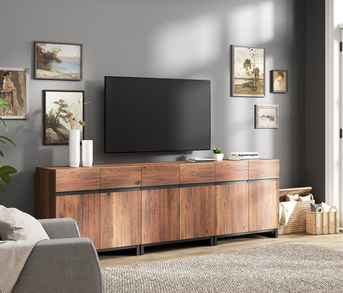 Modern TV Stand for TVs up to 100 inch with Adjustable Shelves and Metal Base F182