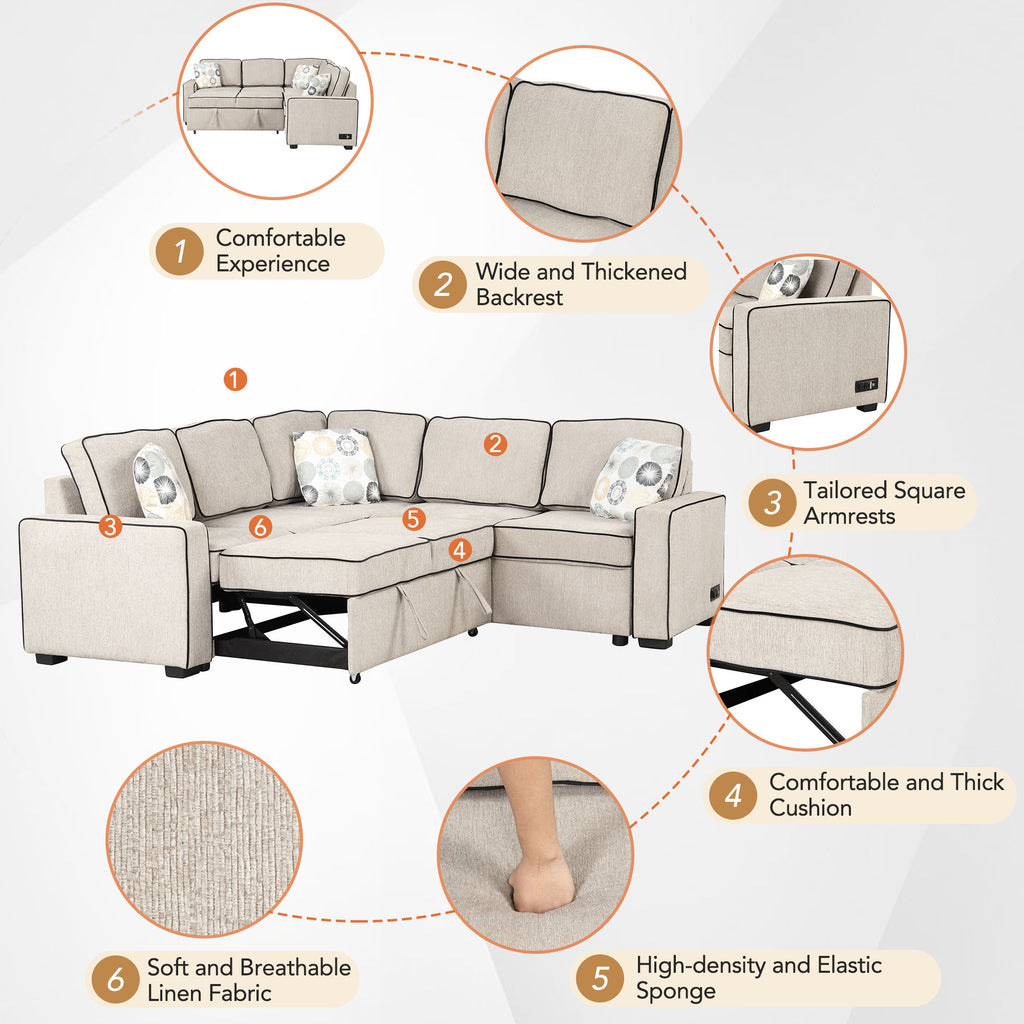 Cream L-Shaped Pull Out Sofa Bed with 2 USB Ports and 3 Pillows N805