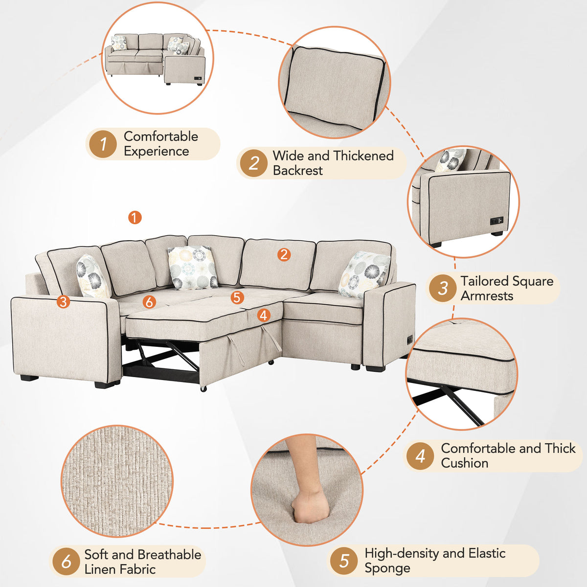 Cream L-Shaped Pull Out Sofa Bed with 2 USB Ports and 3 Pillows N805