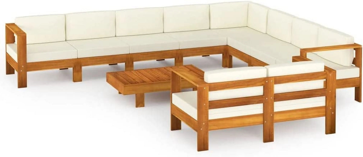 10 Piece Acacia Wood Patio Lounge Set with Cream White Cushions D82548
