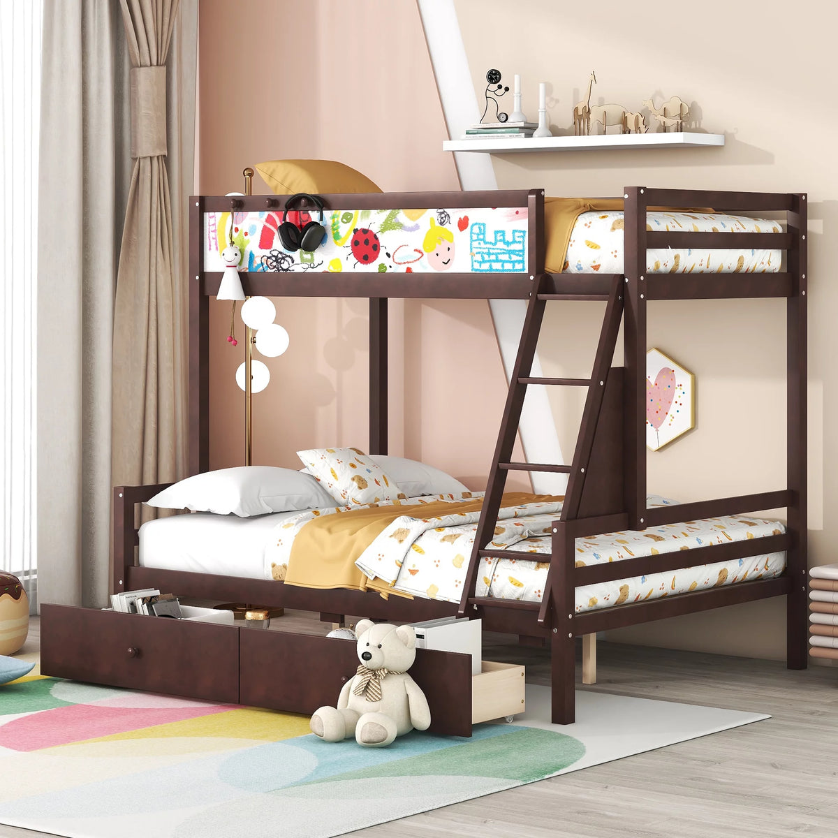 Twin over Full Wood Bunk Bed with Ladder, Guardrail, Whiteboard, 3 Hooks and 2 Drawers H9202