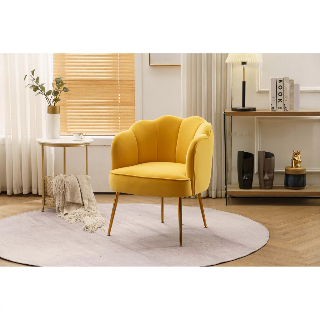 Yellow Velvet Shell Shape Armchair with Gold Legs U5600