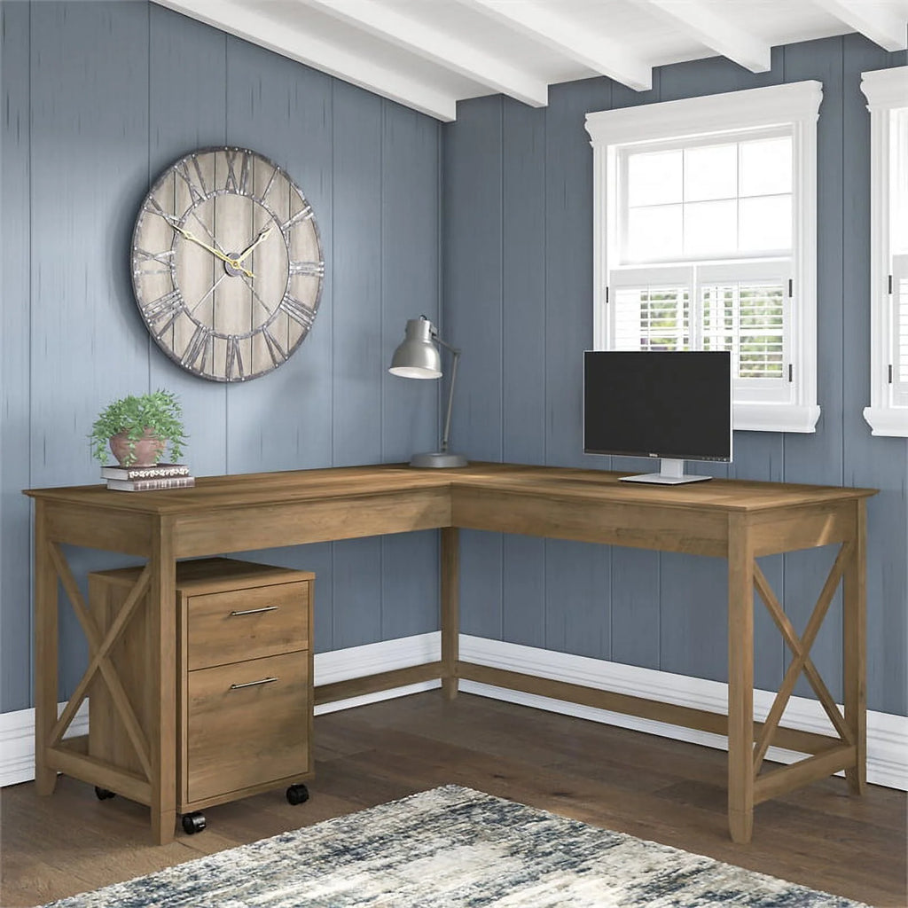 Reclaimed Pine Engineered Wood L Desk with Mobile File Cabinet J1499