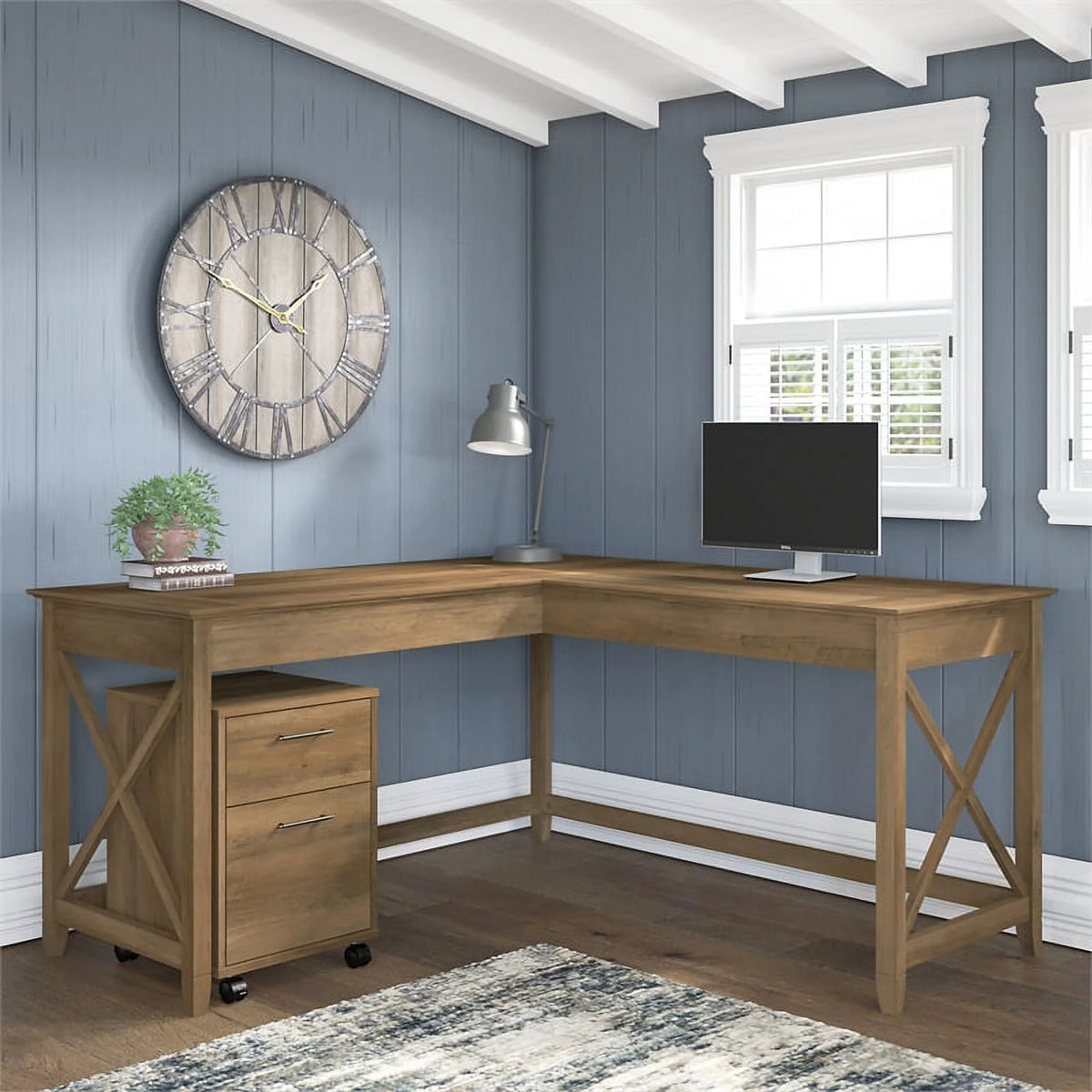 Reclaimed Pine Engineered Wood L Desk with Mobile File Cabinet J1499