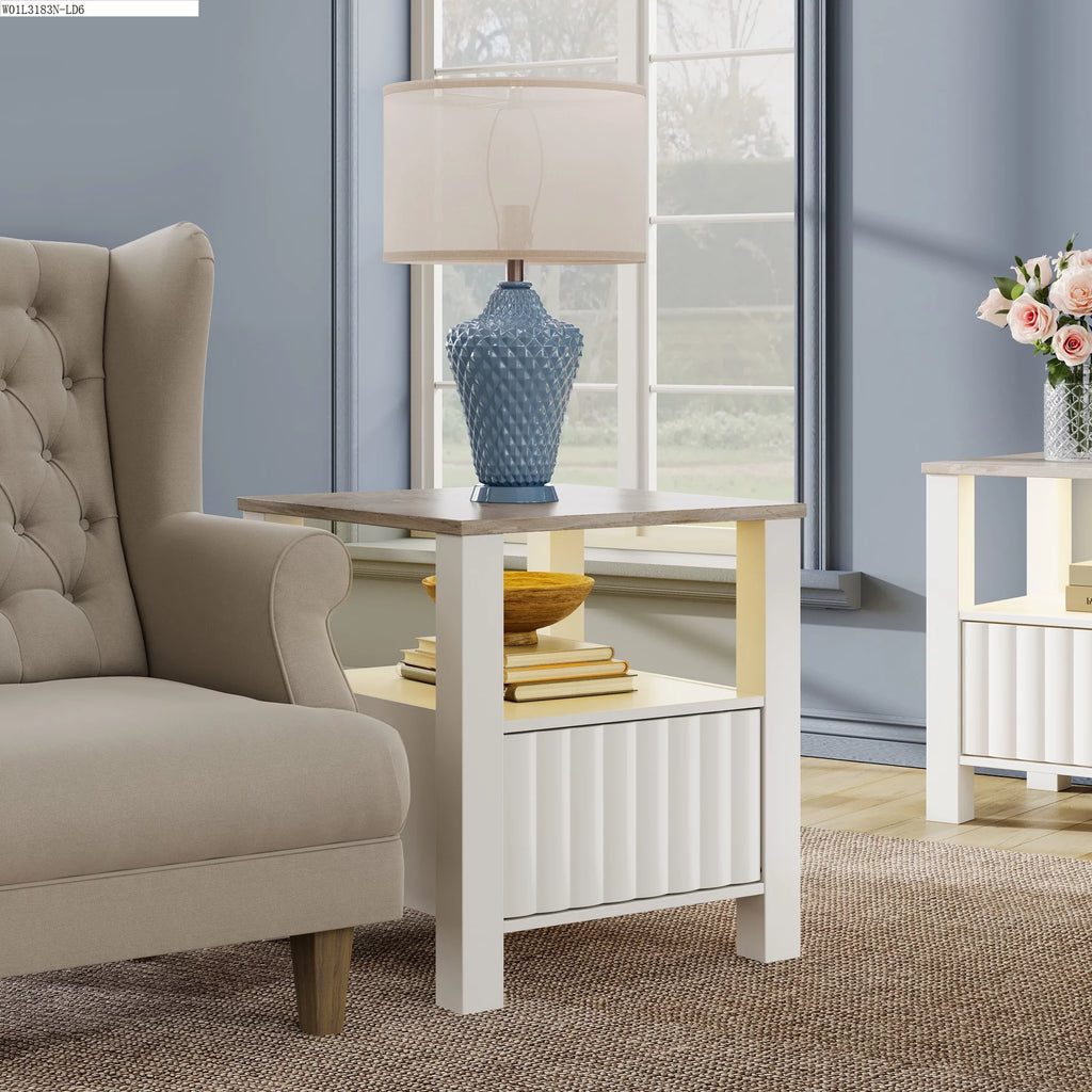 White LED End Table with Door and Open Storage I10827