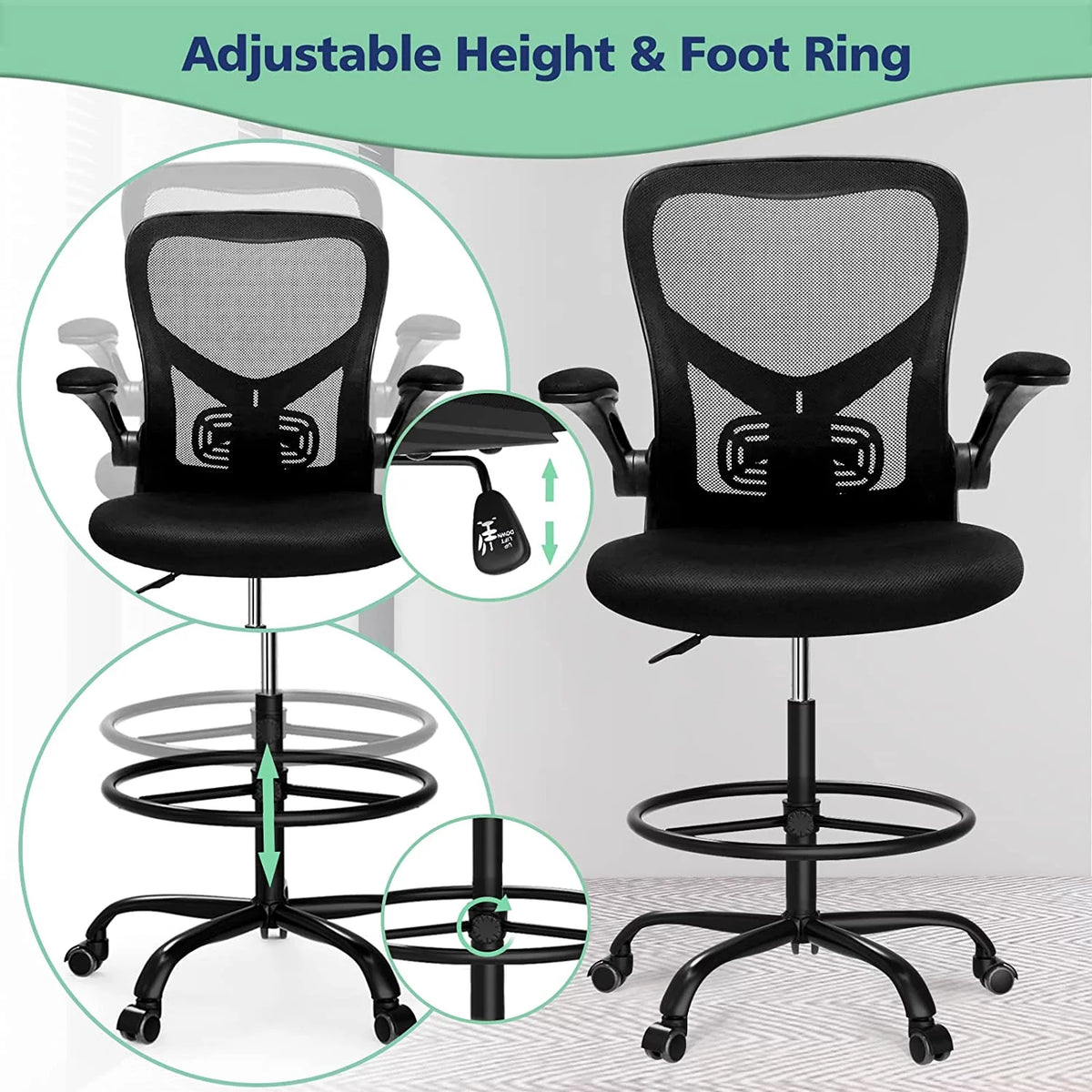 Black Height Adjustable Mesh Drafting Chair R9408