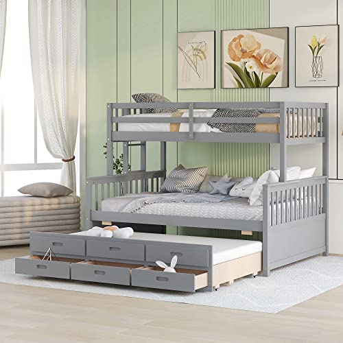 Twin Over Twin Wood Bunk Bed with Trundle and Storage Drawers C256037