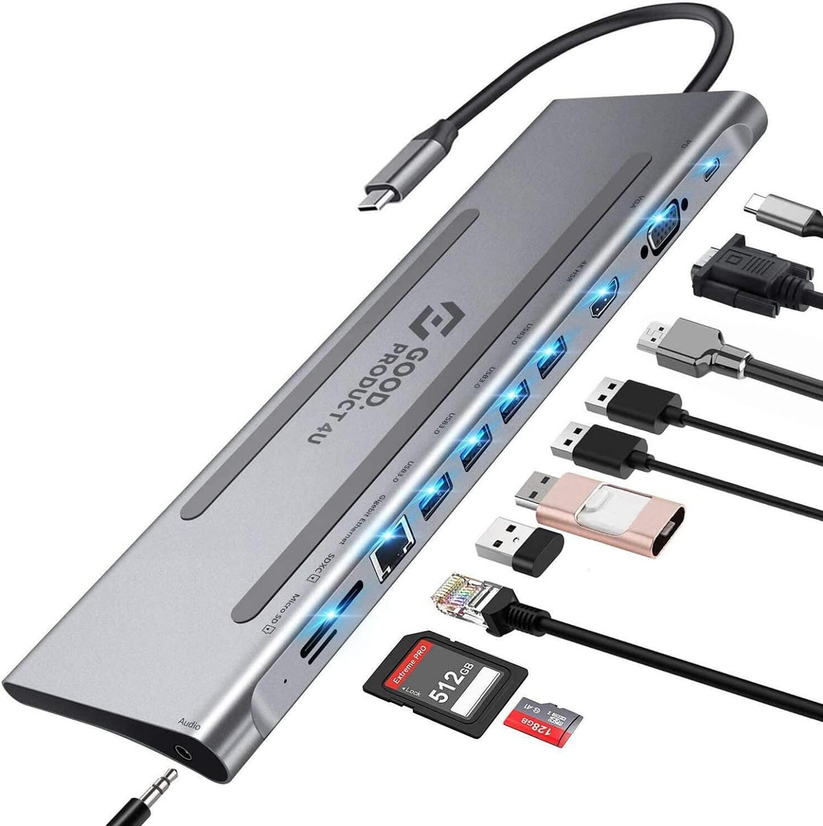 USB C Hub, 11-in-1, 100W Power Delivery, 4K 60Hz HDMI, USB C, 2 USB A, Ethernet, 3.5mm Audio, Micro SD and SD Card Reader Y7052