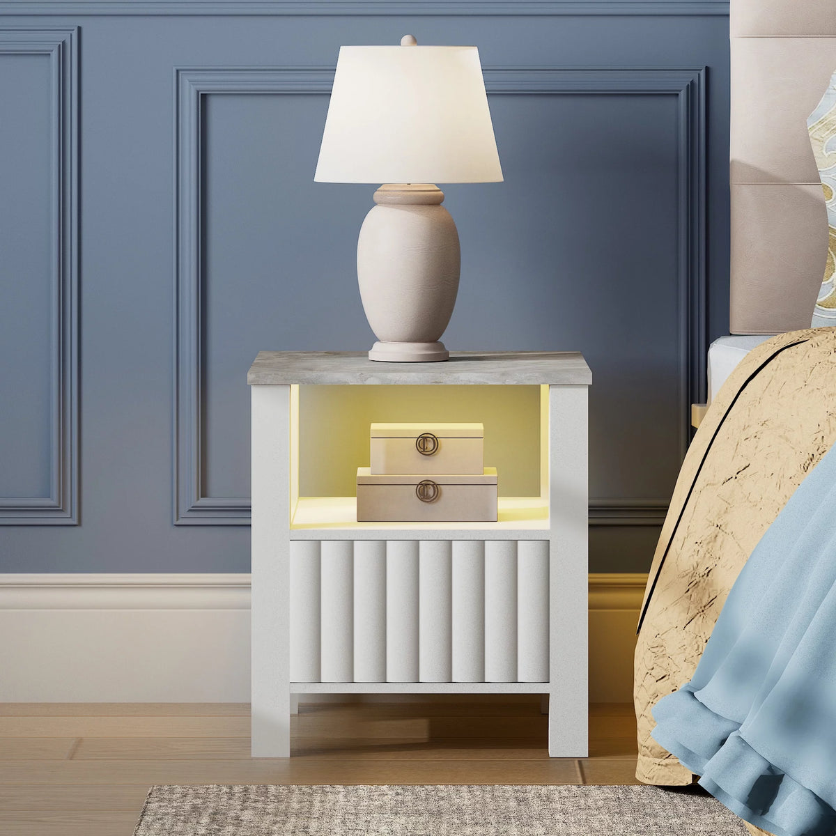 White LED End Table with Door and Open Storage I10827