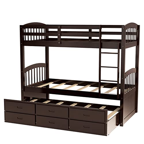 Twin Over Twin Wood Bunk Bed with Trundle and Storage Drawers C256037