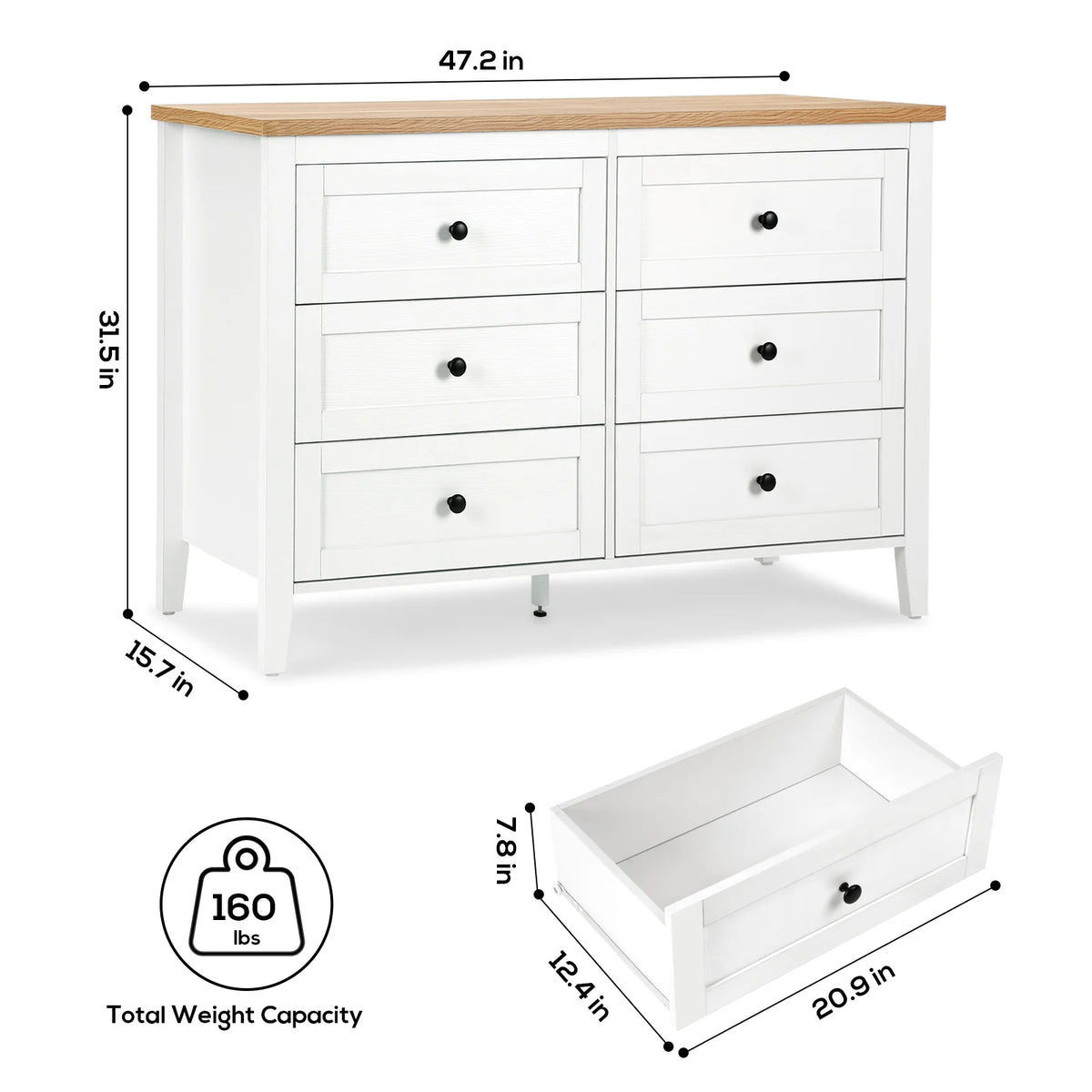 White 6 Drawer Wood Dresser with Metal Knobs Z969274