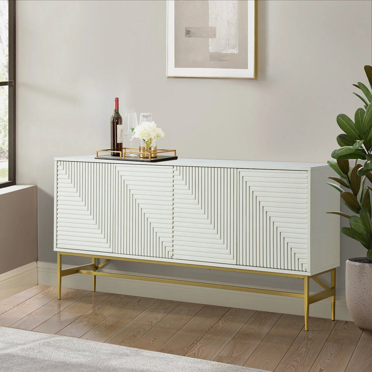 Walnut Kitchen Buffet Sideboard with Metal Legs V882
