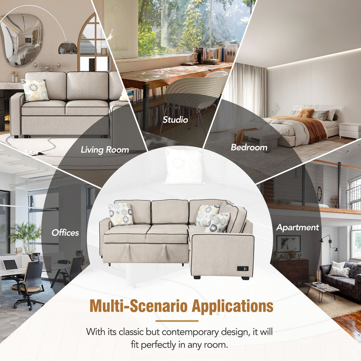 Cream L-Shaped Pull Out Sofa Bed with 2 USB Ports and 3 Pillows N805