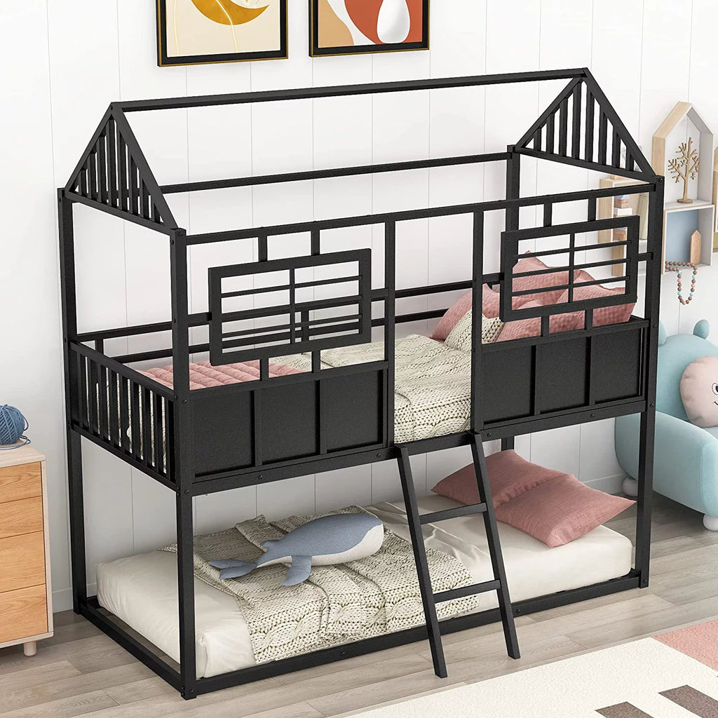 Black Metal Bunk Bed with Slide and Storage Stairs V18706
