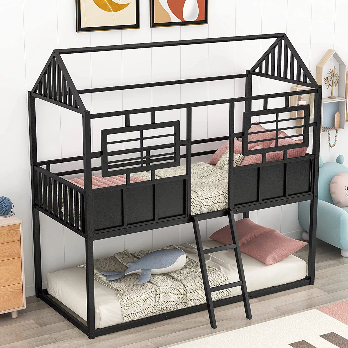Black Metal Bunk Bed with Slide and Storage Stairs V18706