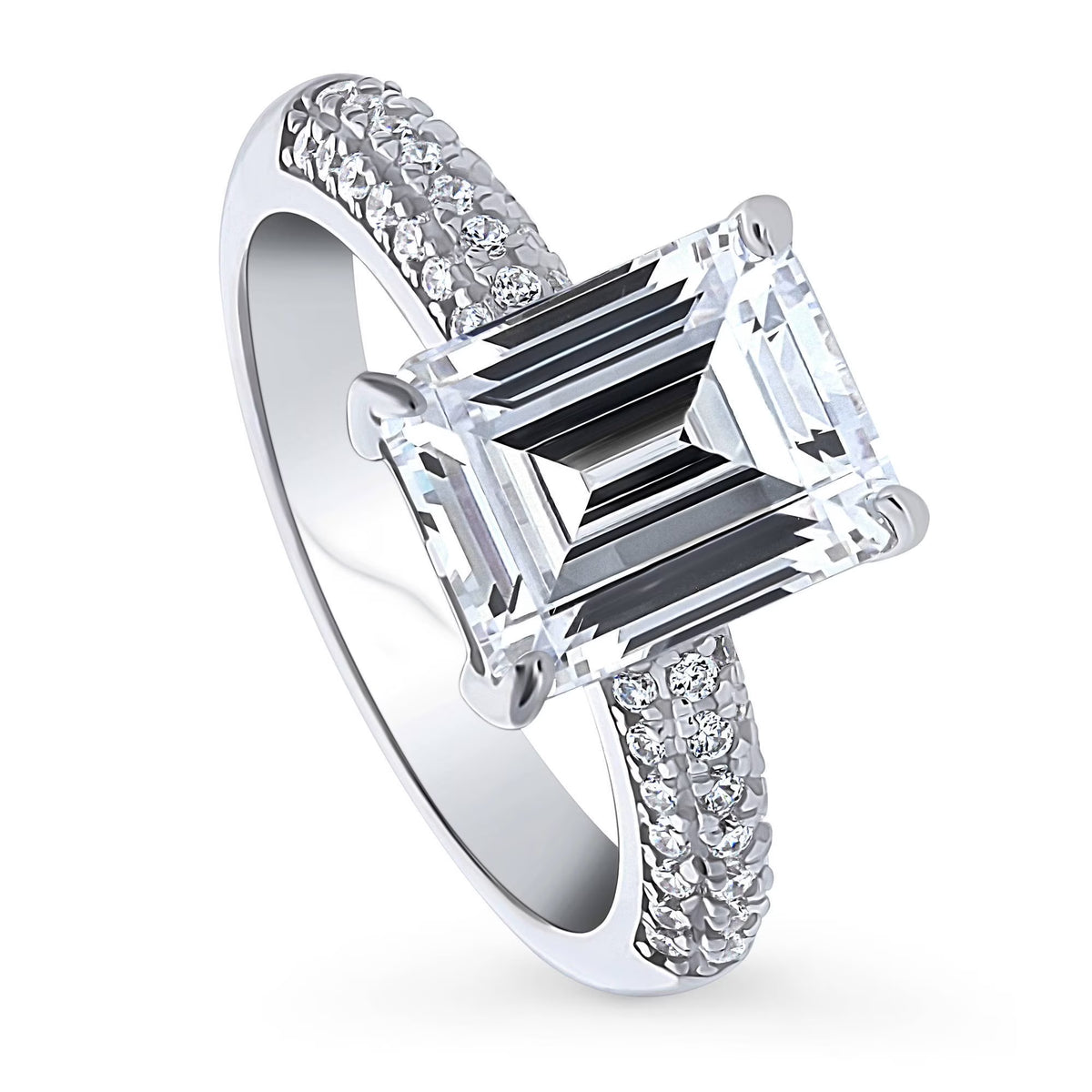 Rhodium Plated Emerald Cut Cubic Zirconia Cocktail Ring E560