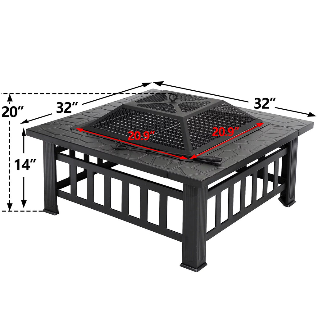 32 Square Wood Black Finish Steel Fire Pit A19743