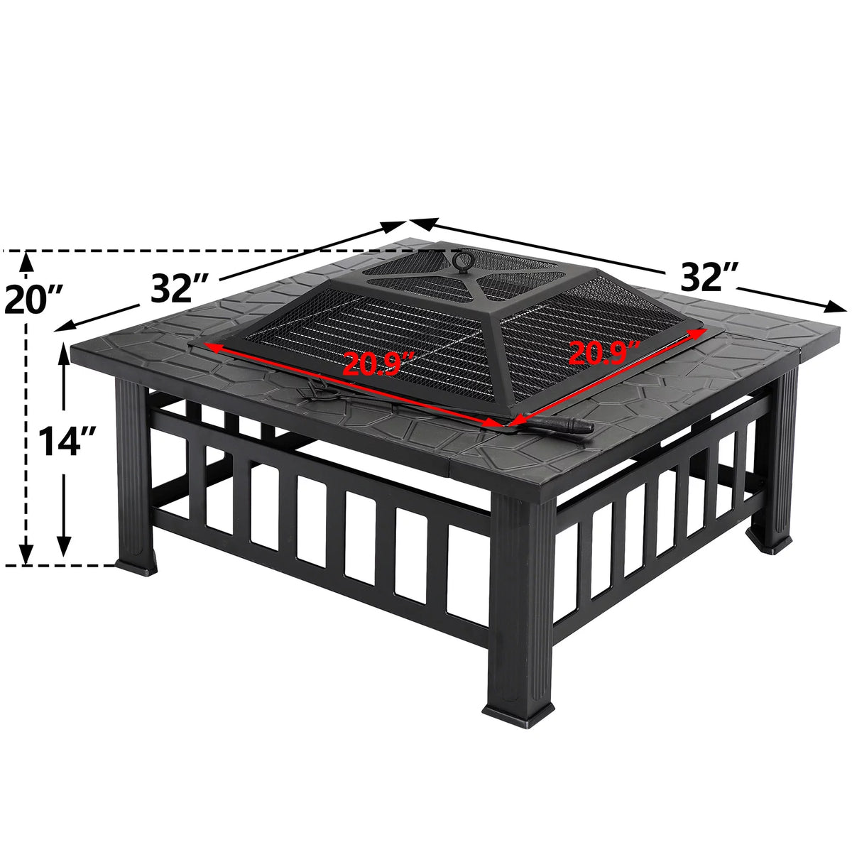 32 Square Wood Black Finish Steel Fire Pit A19743