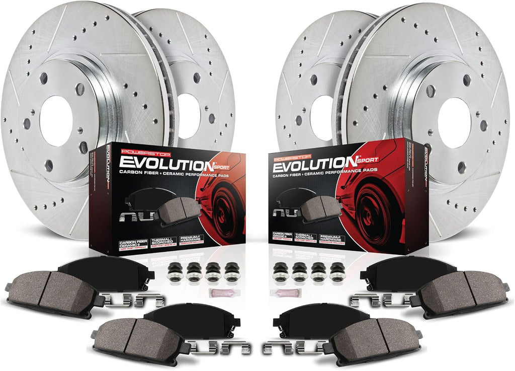Front and Rear Carbon Fiber Brake Pads with Drilled & Slotted Brake Rotors Kit H253