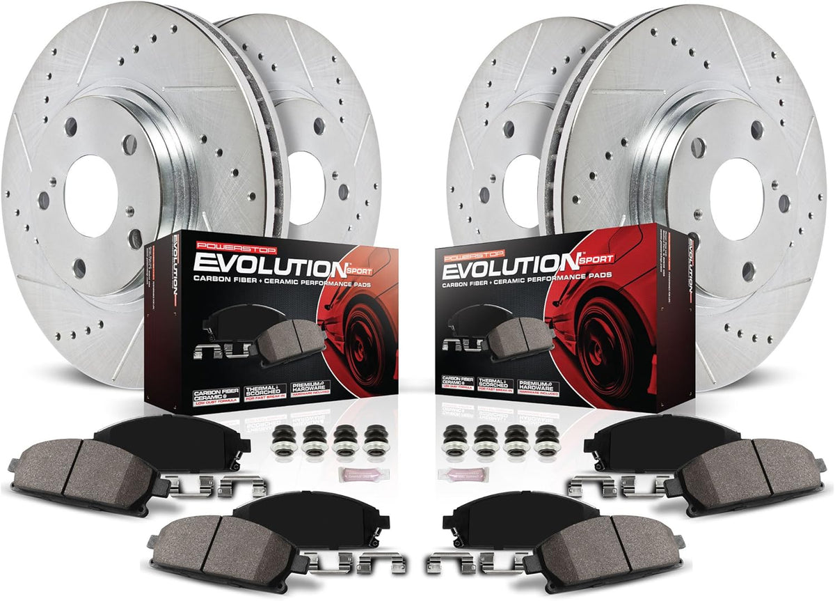 Front and Rear Carbon Fiber Brake Pads with Drilled & Slotted Brake Rotors Kit H253