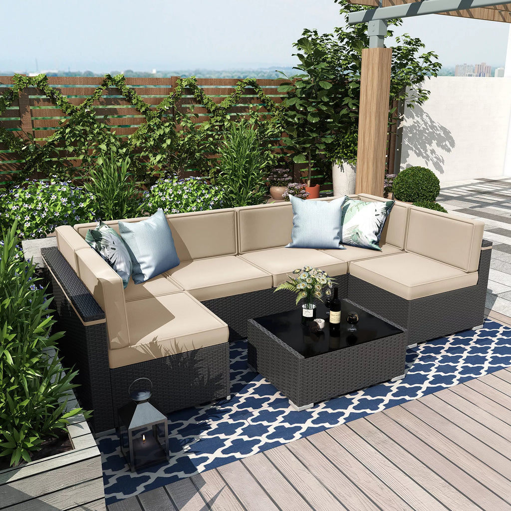 7 Piece Wicker Patio Furniture Set with Cushion and Glass Table Y42383