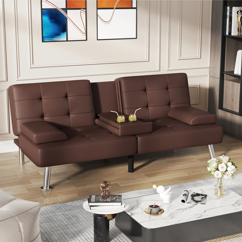 Futon Sofa Bed Faux Leather Convertible Folding Recliner with 2 Cup Holders C32345