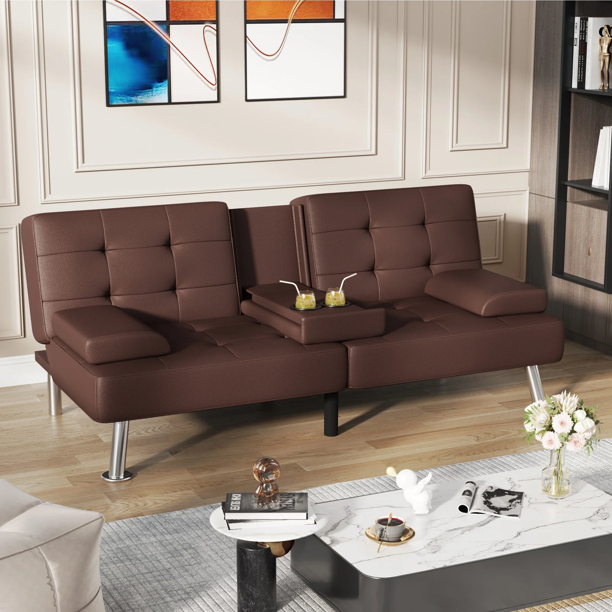 Futon Sofa Bed Faux Leather Convertible Folding Recliner with 2 Cup Holders C32345