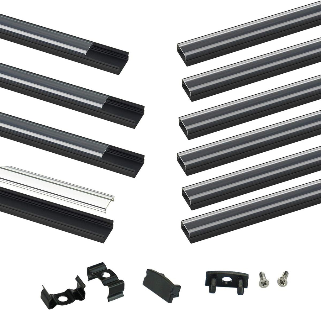 10Pack 3.3FT Black LED Channel System with Clear Cover Lens Aluminum Extrusion Track Housing Profile U Shape P7470